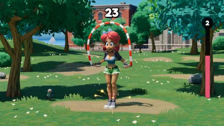 Scarlet mid-jump with a red and white striped rope over her head, score 23